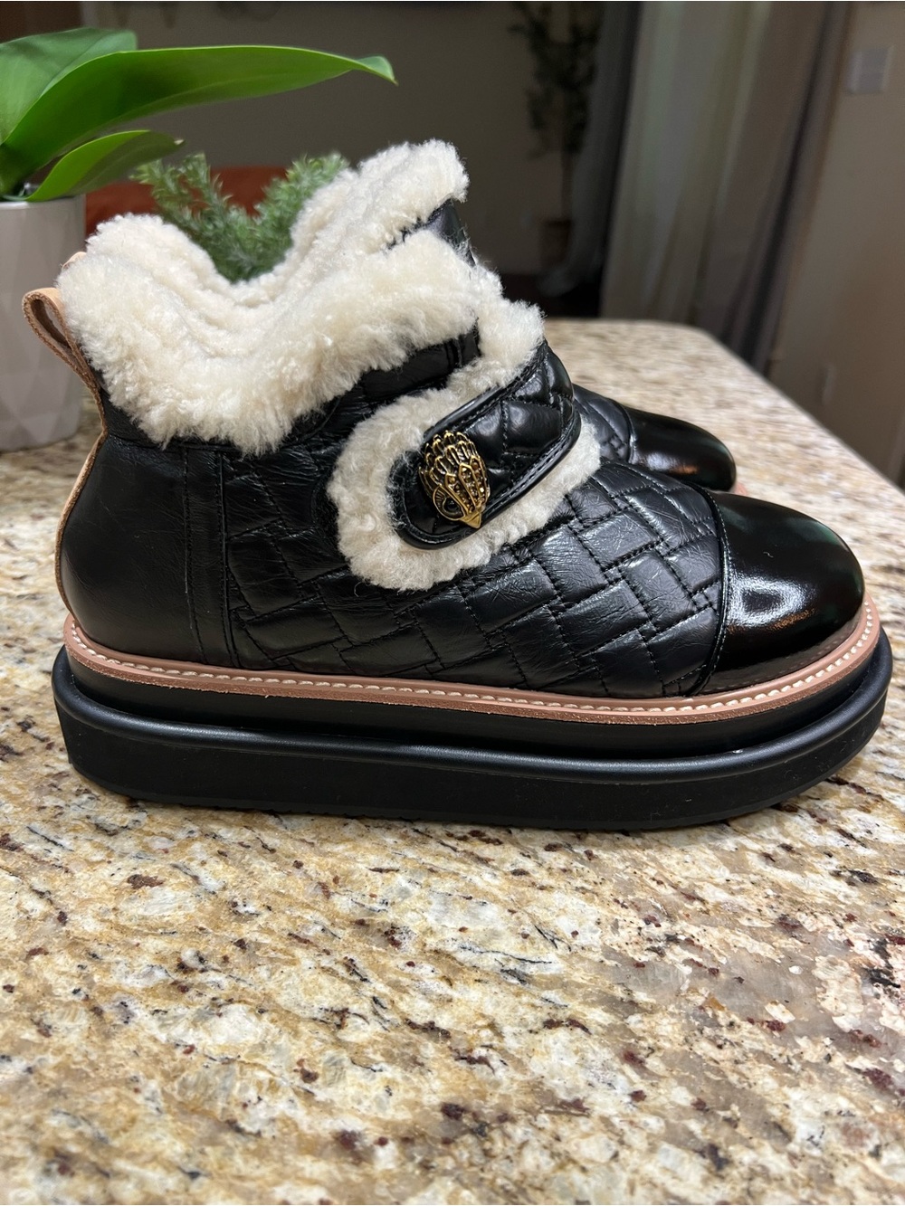Kurt Geiger London Orson Strap Black Quilted Leather Shearling-Trim Boot 38.5